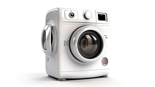 当代白色洗衣机吉祥物的 3D 渲染，在白色背景下用时尚的数码相机摆姿势