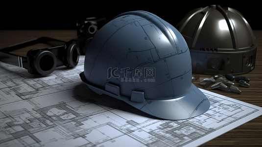 安全工地背景图片_蓝图和 3D 打印工程师头盔