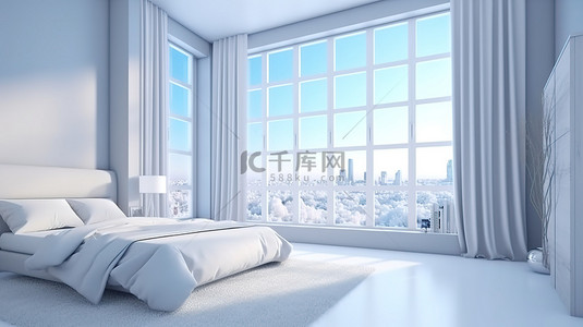 卧室窗户设计一大一小的 3D 渲染