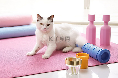 坐着舒适背景图片_一只猫坐在垫子上，上面有一些水食物和健身器材