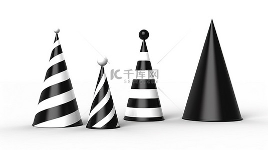 单色派对帽一组时尚的黑白设计，以 3D 渲染并隔离