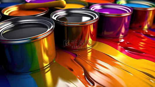 贵毛笔字背景图片_3D 渲染的生动彩色画笔和罐头