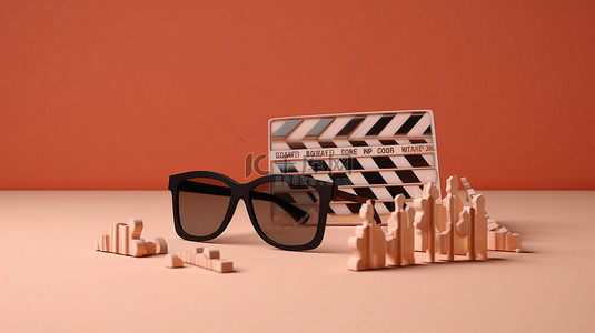 3D 眼镜搭配米色背景上的电影拍板，象征着电影行业的娱乐