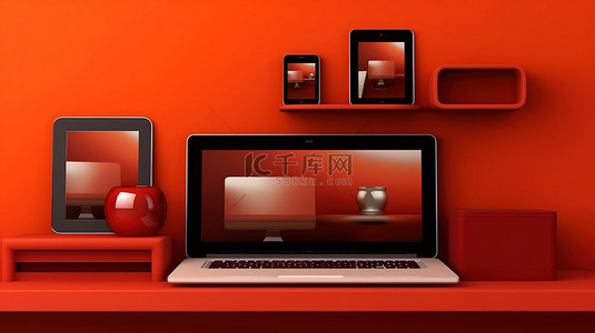 红墙架子上的小工具笔记本电脑手机和平板电脑 3d 渲染