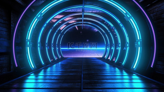 带有霓虹灯圆的抽象科幻隧道的 3d 渲染