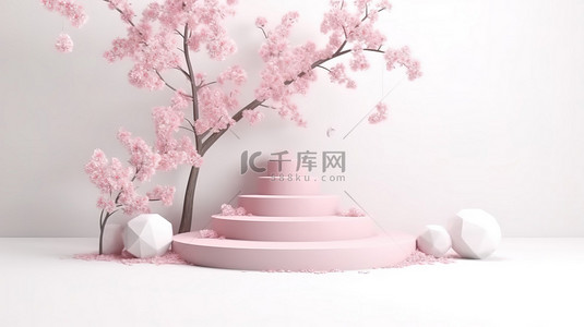 樱花朵背景图片_白色自然中柔和粉红色调的几何讲台，用樱花 3d 渲染增强