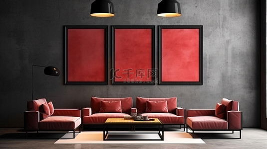 黑墙的 3D 渲染，带有太阳光线红色沙发和原始混凝土地板上的模拟海报框架