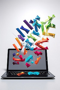 科技金融科技背景图片_一台便携式笔记本电脑靠在白色表面上的彩色箭头上