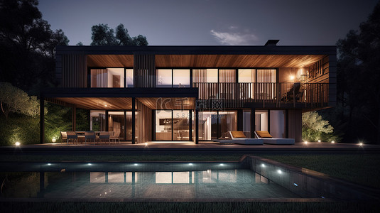 建筑宏伟背景图片_深色木质的当代别墅，令人惊叹的 3D 渲染，呈现出宏伟的住宅，配有风景如画的晚间花园和游泳池