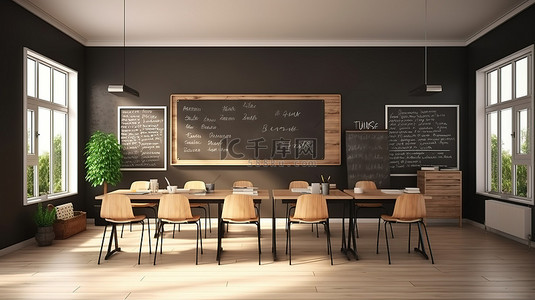 黑板和墙背景图片_时尚的 3D 渲染教室配有现代书桌舒适的座椅和时尚的黑板