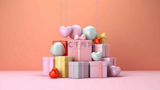新年快乐和情人节概念的 3D 渲染，带有柔和的背景和礼品盒