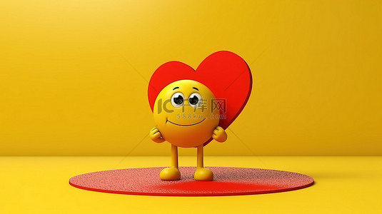 爱情道路背景图片_阳光明媚的黄色背景上充满活力的红心吉祥物和黄色路标可定制的 3D 渲染设计空间