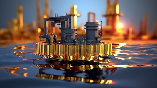 石油生产过程的 3d 渲染，泵送原油精炼并储存在桶中