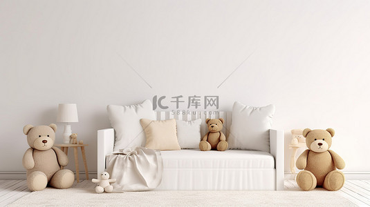 舒缓的白色托儿所，配有毛绒婴儿床舒适的沙发和可爱的毛绒动物 3D 渲染设计