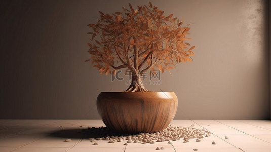 陶罐装饰着一棵庞大的 3D 渲染树，树上点缀着树叶