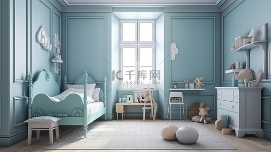 迷人的复古儿童卧室，采用令人惊叹的蓝色 3D 渲染