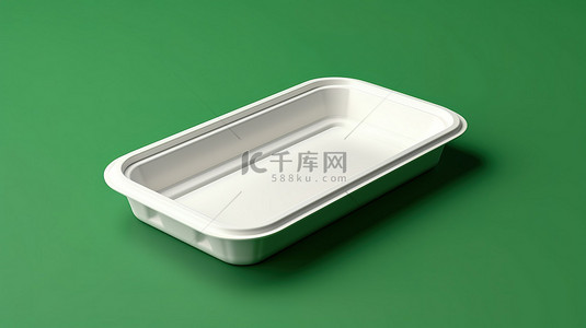 绿色背景3D渲染空白标签食品容器托盘包装由白色塑料制成