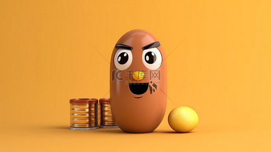 人物吉祥物的 3D 渲染，带有棕色鸡蛋和充满活力的黄色背景上的抽象充电电池