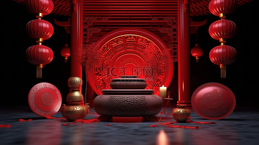 卡通懒人沙发背景图片_令人惊叹的 3D 红灯笼节渲染中国主题演示