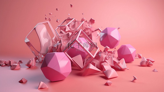 动态飞行形状在充满活力的粉红色背景下的运动 3d 渲染中的几何变形图元