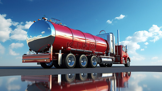 闪闪发光的金属拖车连接到一辆巨大的红色油罐车上，从各个角度以 3D 形式呈现