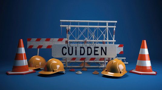 施工工地背景背景图片_蓝色背景上道路施工障碍标志头盔和锥体的 3D 渲染