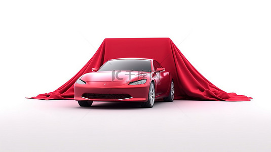 覆盖着红布的汽车的 3D 渲染，用于在白色背景上展示