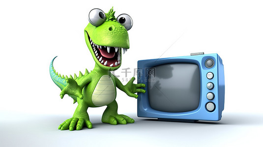 幽默的 3D 恐龙人物抓着一台小电视