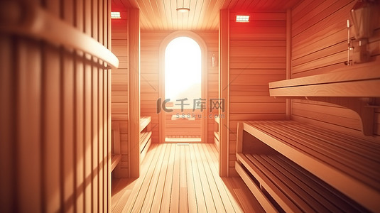 养生详情页背景图片_芬兰桑拿小屋的极端特写 3D 渲染，浴室内配有经典木质内饰