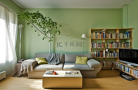 客厅有绿色的墙壁一些书和一棵大树