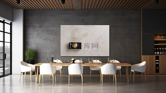 室内用餐区展示的模型海报的 3D 渲染