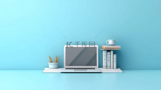 场景办公背景图片_带笔记本电脑的垂直蓝色架子的 3D 插图