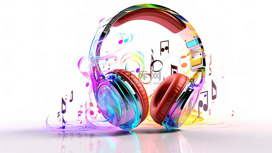 彩色音乐背景背景图片_白色背景下音乐音符的 3D 渲染点缀彩色耳机