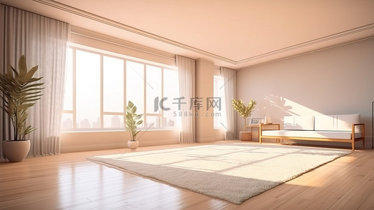 醒目荔枝背景图片_华丽的阳光照射客厅，空旷的空间和醒目的阴影，以 3D 技术精心渲染