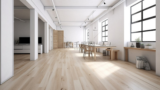 现代 3D 设计无人占用的共同工作空间，配有时尚的木地板和白色的墙壁