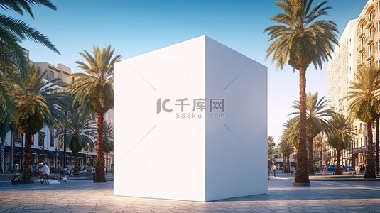 3D 渲染大型白色广告立方体作为设计模板，在空荡荡的城市街道上，棕榈树特写