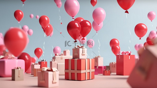 3D 渲染礼品盒和购物袋气球从智能手机飙升在线购物概念