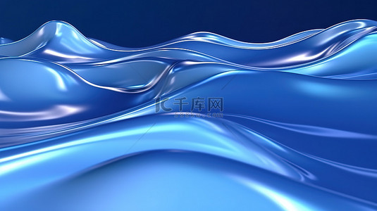 蓝色抽象波背景上的反射的 3D 渲染