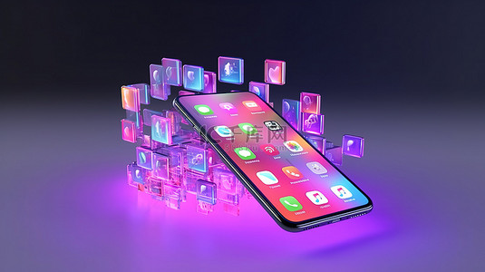 品牌手机样机背景图片_侧视图电话和社交媒体帖子的 3D 渲染