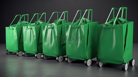 3d 渲染中带轮子的翡翠色购物袋车队
