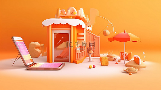 手机橙色背景图片_3D 渲染的海滩主题智能手机店，在充满活力的橙色背景上具有各种元素
