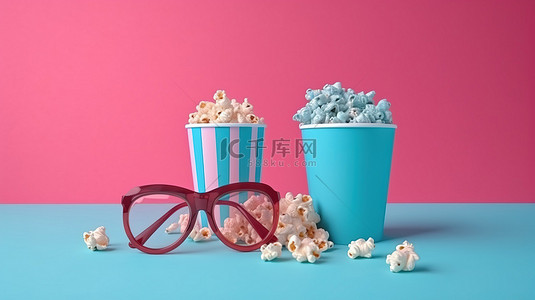 看电影的背景背景图片_从上方欣赏带有立体浮雕纸 3D 眼镜和蓝色粉红色柔和背景上的爆米花的电影