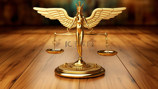 木桌的 3D 渲染，以金色医疗杖符号作为平衡秤
