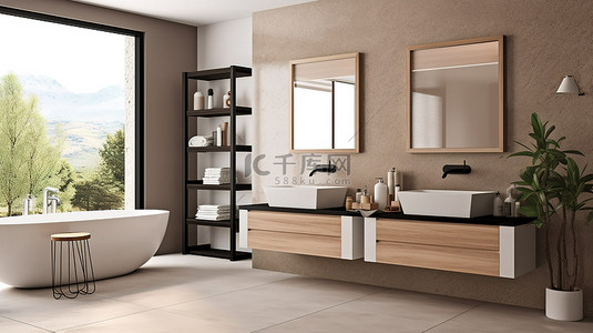 拧毛巾的手背景图片_精致的浴室，配有双水槽木柜梯子毛巾和窗户 3D 渲染