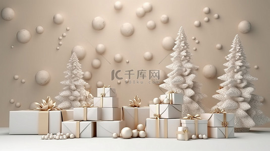 礼物盒礼盒背景图片_3d 渲染背景中的圣诞树和礼品盒