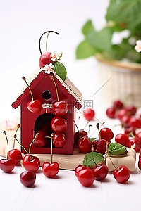 新鲜樱桃背景图片_鸟舍，篮子里有新鲜樱桃和水果