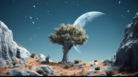 月球景观月球上一棵树的 3D 插图