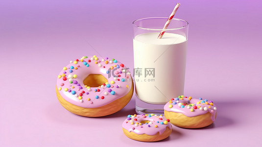 3D 渲染的柔和紫色背景上的牛奶杯和彩虹甜甜圈