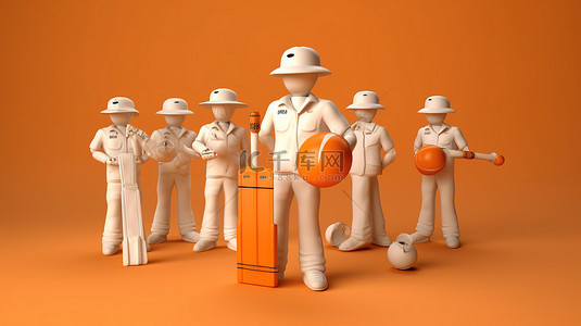 荷兰板球队运动员的高度逼真的 3D 描绘，具有中性米色背景的完整比赛装备
