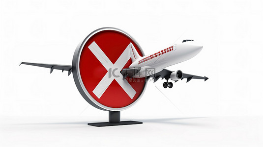 旅游交通背景图片_白色客机与“立即预订”交通标志在纯背景上的 3D 渲染